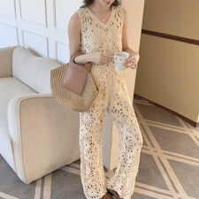 【セットアップ】上品なクロシェ編みノースリーブ&ストレートパンツ