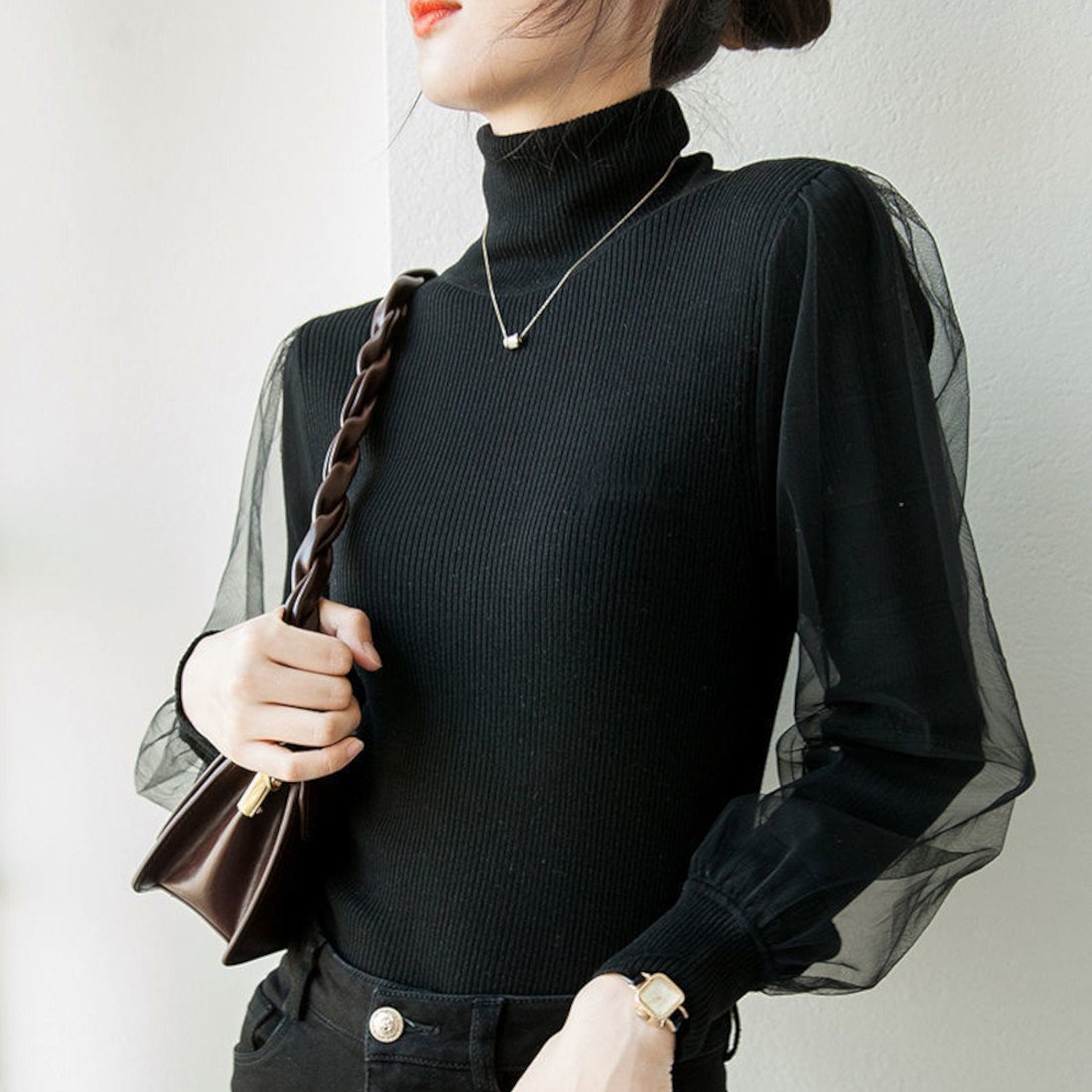 フォースメント Forcement 袖シフォンリブハイネックニット （ブラウン） フォースメント Forcement 袖シフォンリブハイネックニット