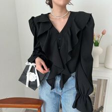 長袖フリルVネックブラウス