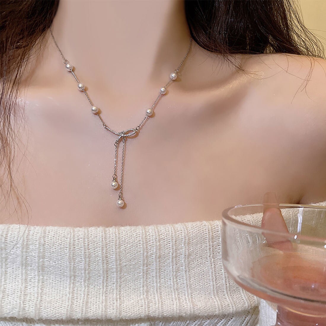 大人可愛いリボンモチーフチェーンパールネックレス | フォースメント