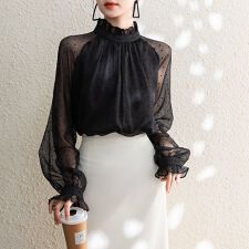 透け感で魅せる、大人フェミニンなドット柄切替シアーブラウス セレモニー 結婚式 卒業式 フォーマル