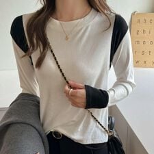 さりげない配色で上品なロングスリーブ配色レイヤードカラーブロッキングトップス