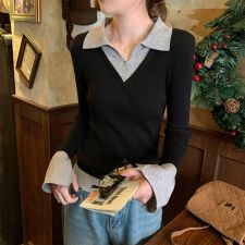 リブでスタイルアップも配色レイヤードトップス