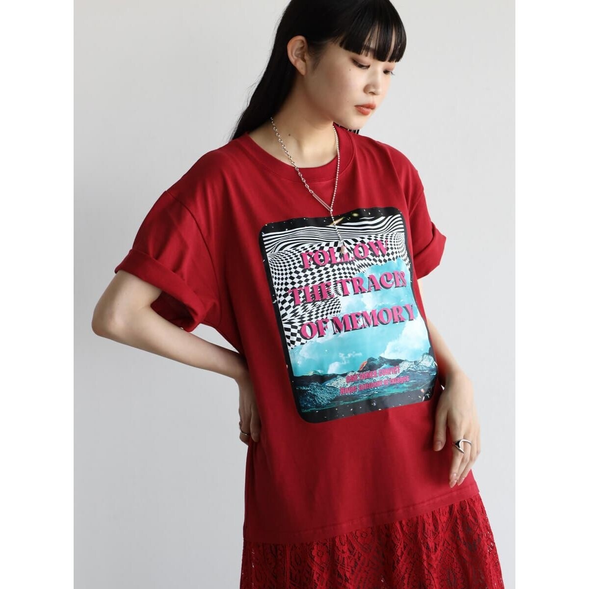 グラフィックプリントレースドッキングワンピース(red) | ラディエイト