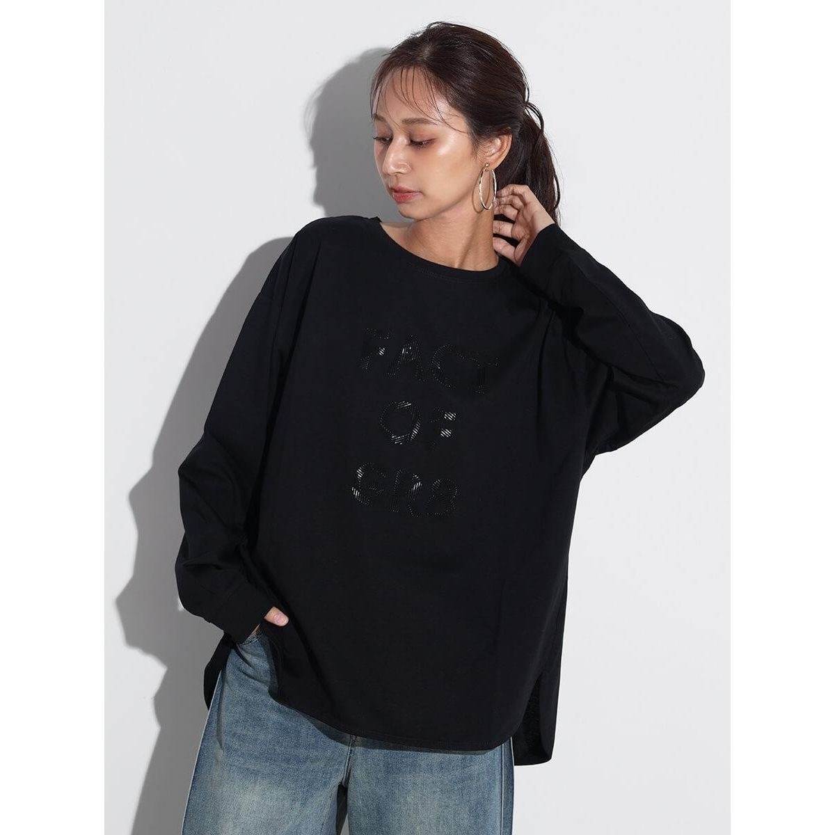 バイカラー 長袖カットソー ブラック/ベージュトップス♡ヤマダヤ購入♡2025年 バイカラー 長袖カットソー ブラック/ベージュトップス