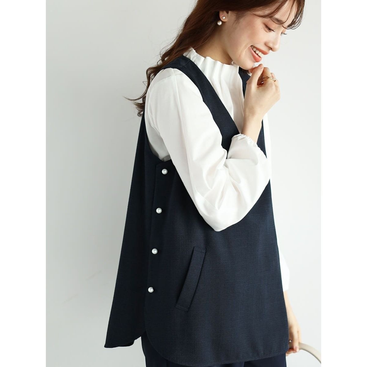 【定価22,000円】Vin　日本製　パールビジューロングベスト　ネイビー　M 定価22,000円】Vin日本製パールビジューロングベストネイビーM