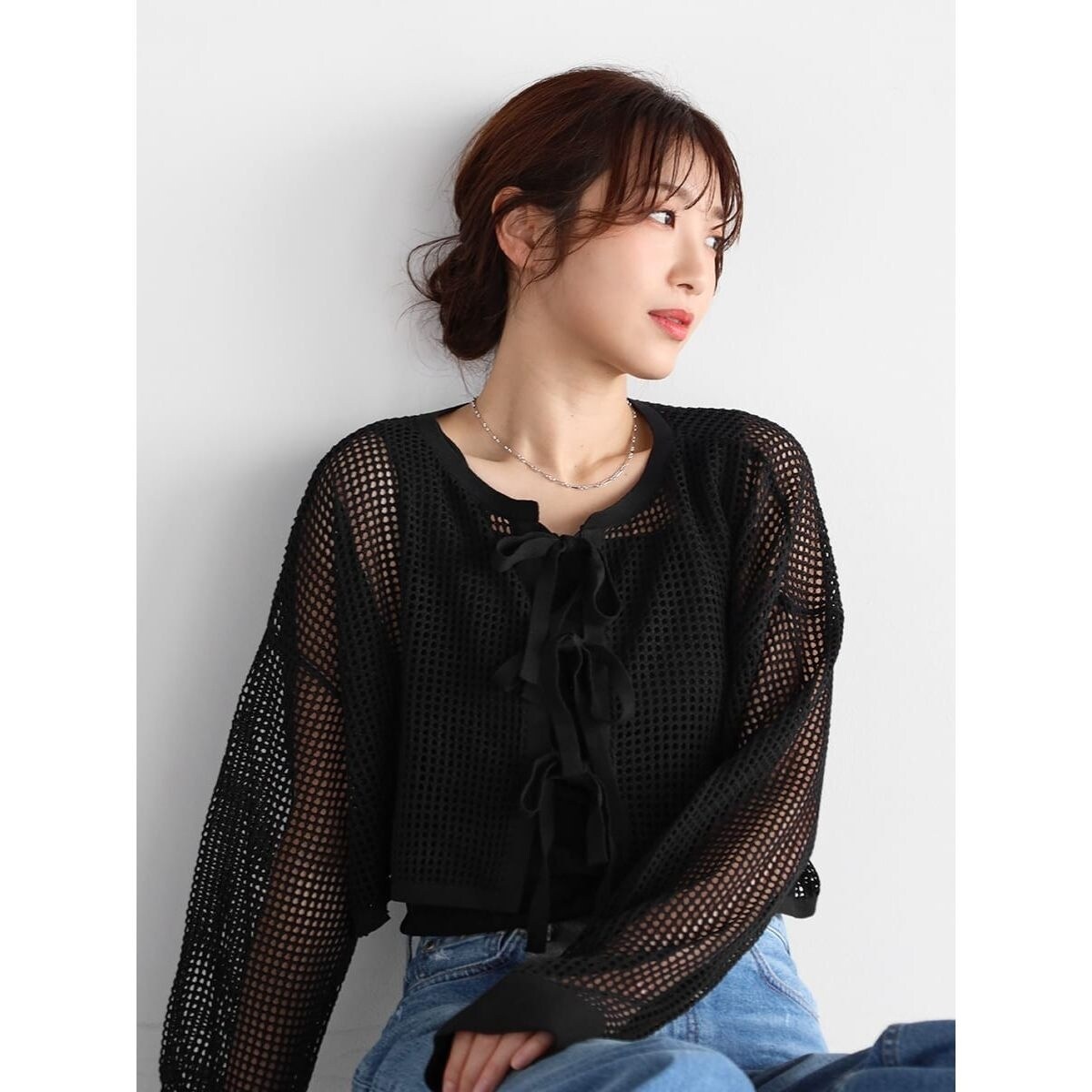 Vin 2wayリボンメッシュトップス ヴァン Vin 2wayリボンメッシュトップス （ブラック