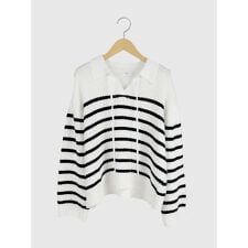 スキッパーデザイン襟付きボーダーニット