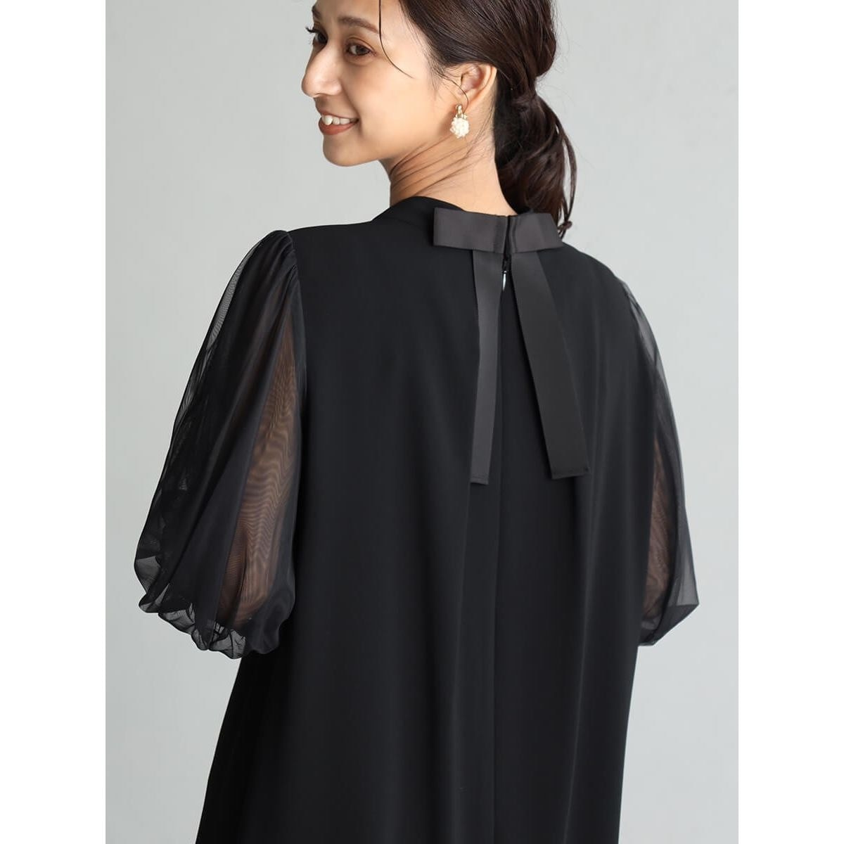 美品✨　フェンネル　チュールスリーブバックリボンワンピース ダークネイビー フェンネル FENNEL チュールスリーブバックリボンワンピース