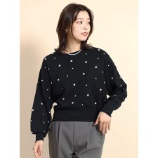 フラワー刺繍クルーネックニットトップス