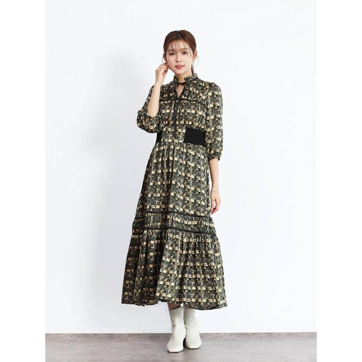 フェンネル（FENNEL）/レトロパターンロングスリーブフレアワンピース レトロパターンロングスリーブフレアワンピース | フェンネル(FENNEL