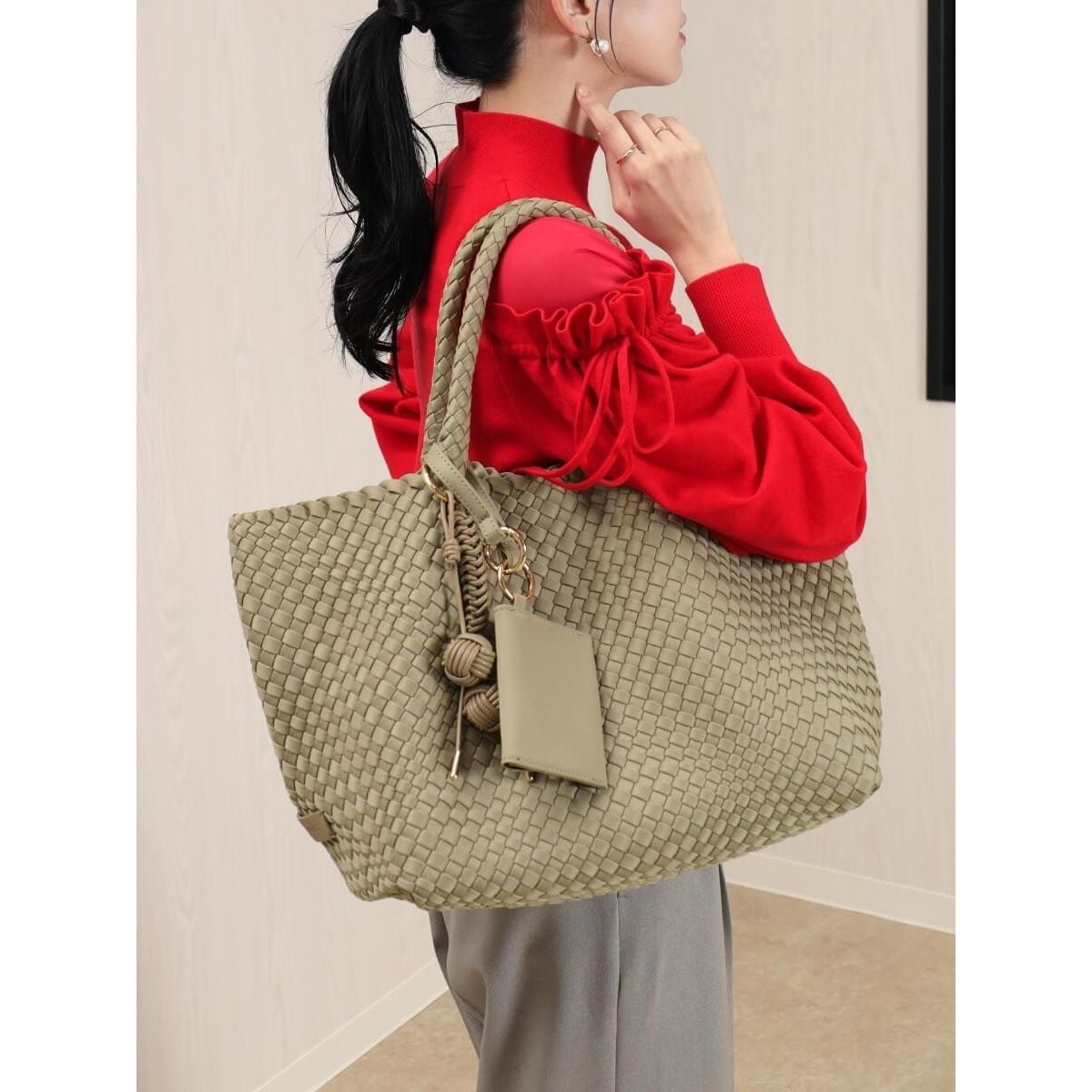 ミニポーチ付き編み込みスクエアビッグトート | フェンネル(FENNEL