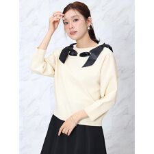 サテンリボンネックニットトップス