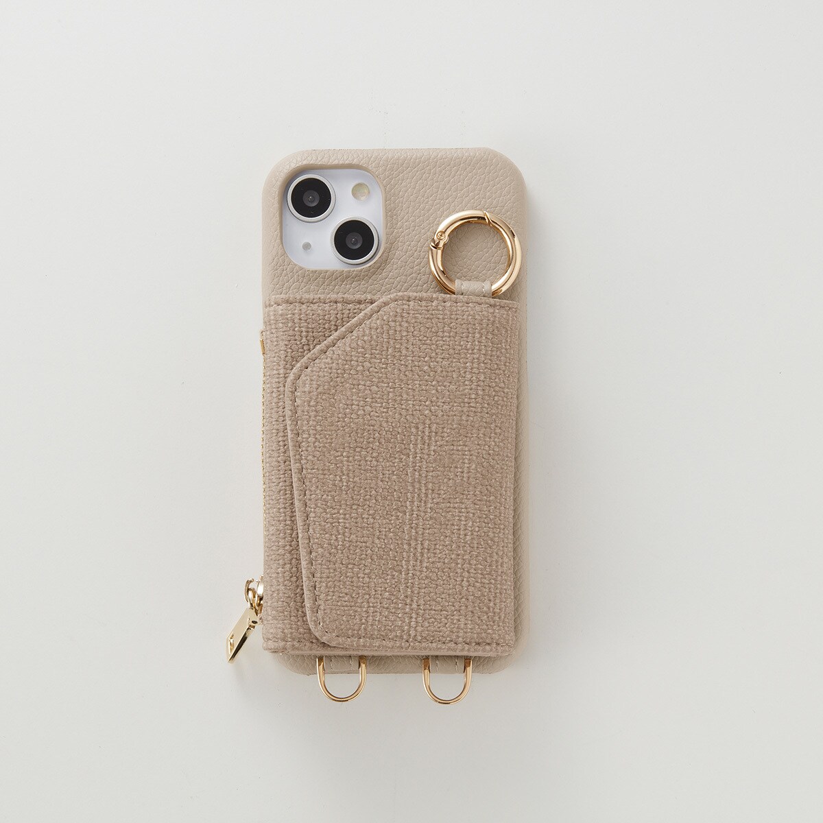 iPhone 15 ケース　ベージュ　リング付きスマホショルダー iphoneケース ベーシック リネンiphone15 ケース スマホショルダー