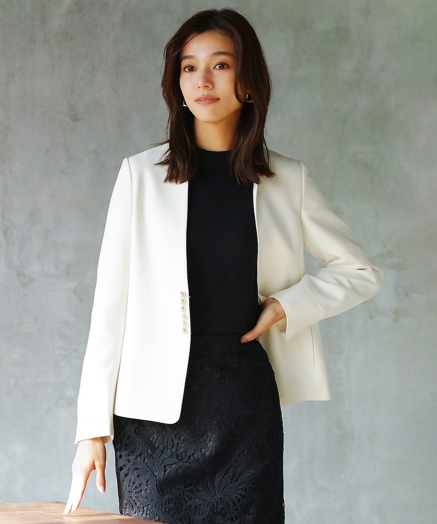 手洗いできる】マイクロピケ・6粒パール調カラーレスジャケット（前裏