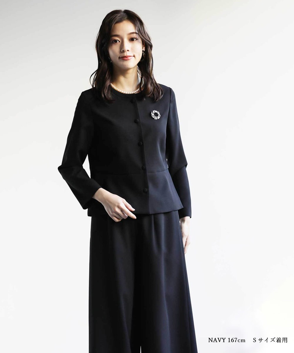 【洗濯機可！ストレッチ！防シワ！】慶事・弔事で使える！ペプラムジャケット見え＆ワイドパンツ2点セット