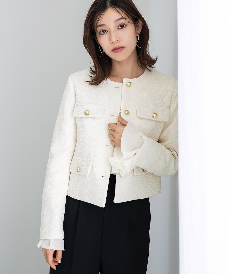 洗える＆防シワ！【WEB限定！WHITEJOOLA】ノーカラーツイード