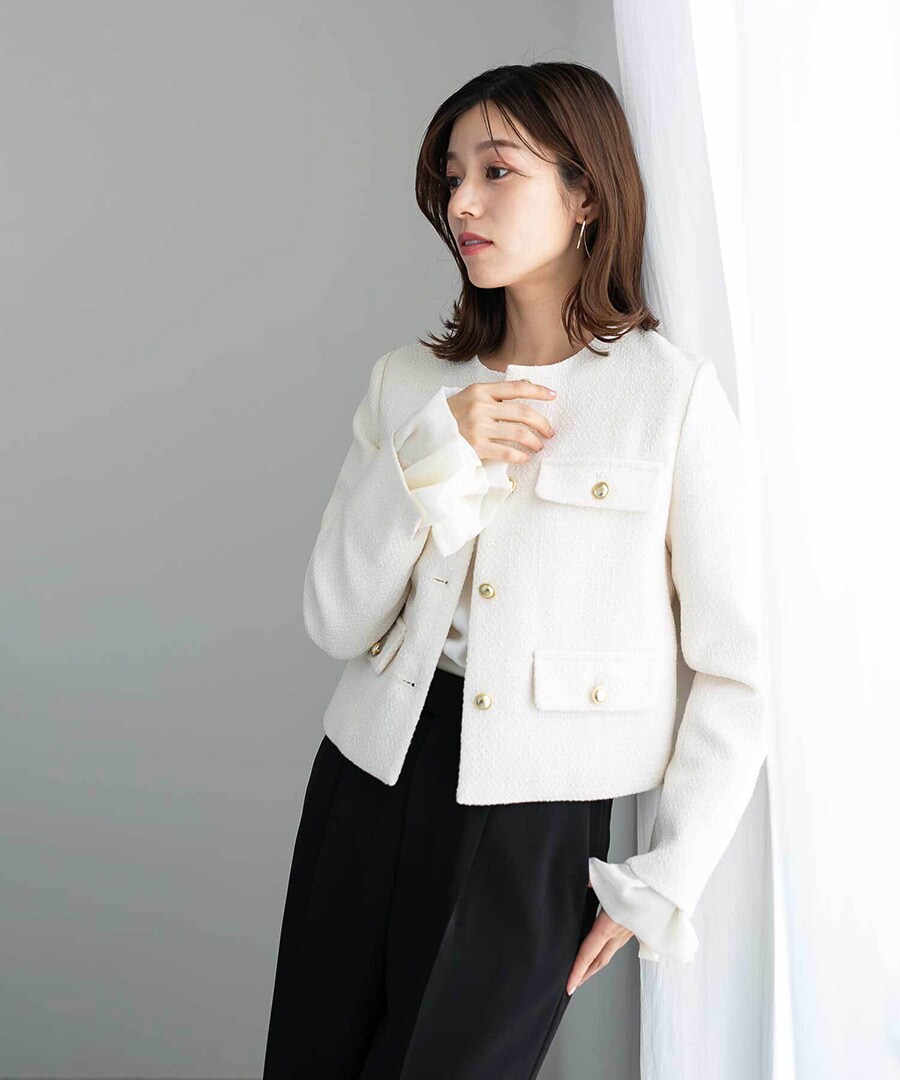 洗える＆防シワ！【WEB限定！WHITEJOOLA】ノーカラーツイード