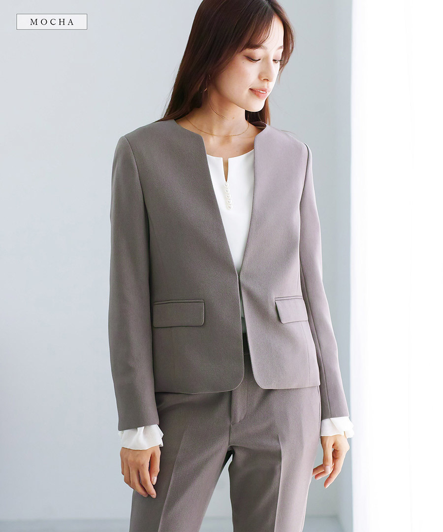 WHITE JOOLA ノーカラーツイードジャケット ジャケット ノーカラージャケット 洗える＆防シワ！「WEB限定