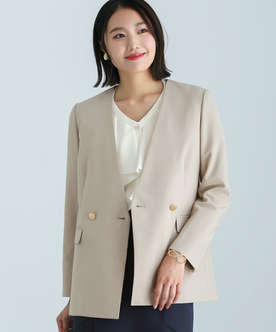 手洗いできる】マイクロピケ・6粒パール調カラーレスジャケット（前裏