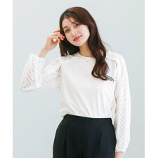 【 異素材MIX 】ドロスト付・刺しゅうレース切替プルオーバー