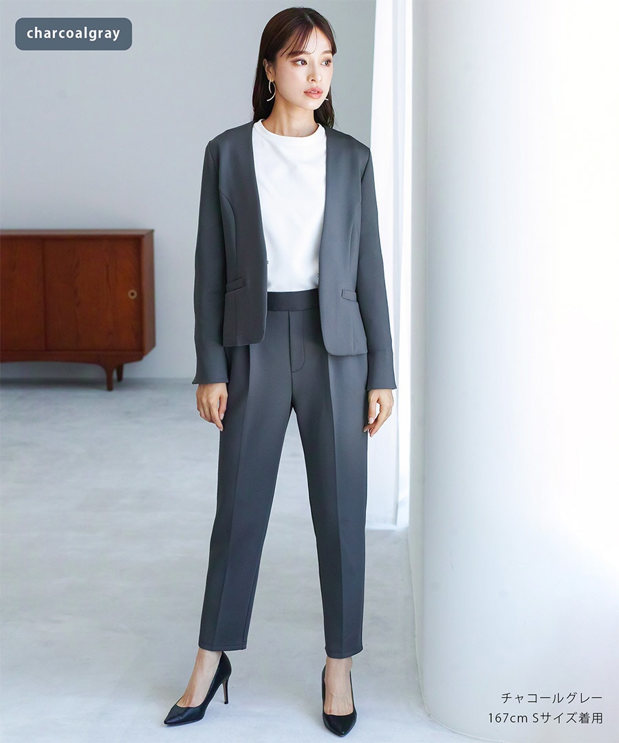 【新品タグ付き】Emilyan ノーカラー セットアップスーツ M パンツ 冷房対策】洗えて動けるワーママスーツ【手洗いできるハイ