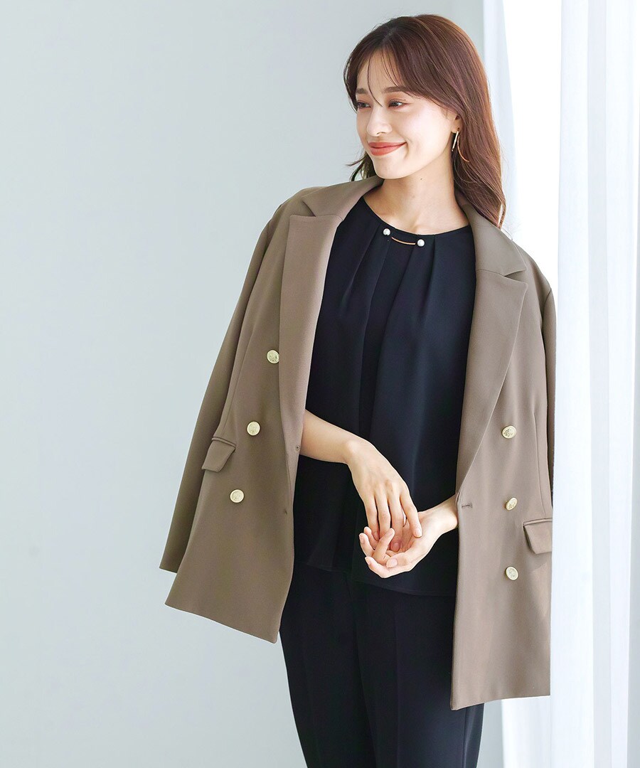 手洗いできる】マイクロピケ・6粒パール調カラーレスジャケット（前裏