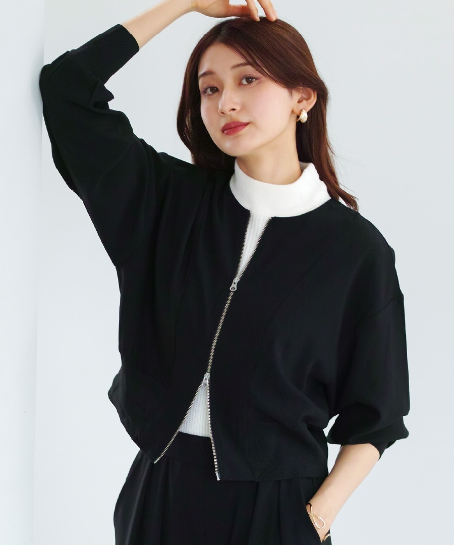 洗える・ストレッチ 】 梨地ストレッチ・ダブルジップリブブルゾン