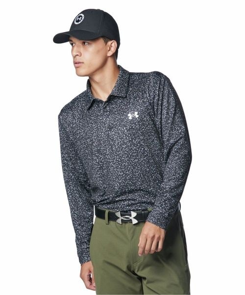 [}C]VcE|Vc UA Playoff Printed Long Sleeve Polo/A_[A[}[iUNDER ARMOUR j Black ^ ^ White