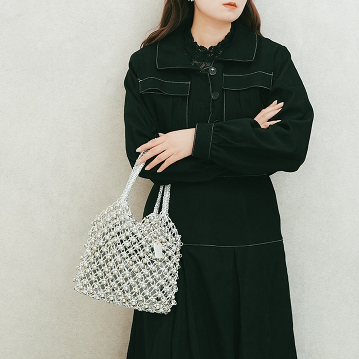 【jouetie/ジュエティ】ロゴ巾着付　ビーズ編みバッグ jouetie ハンドバッグ 「jouetie/ジュエティ」ロゴ巾着付 ビーズ