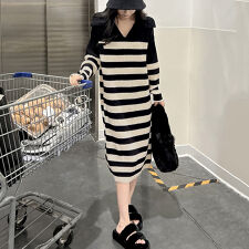 ボーダーワンピース 韓国 Vネックニット
