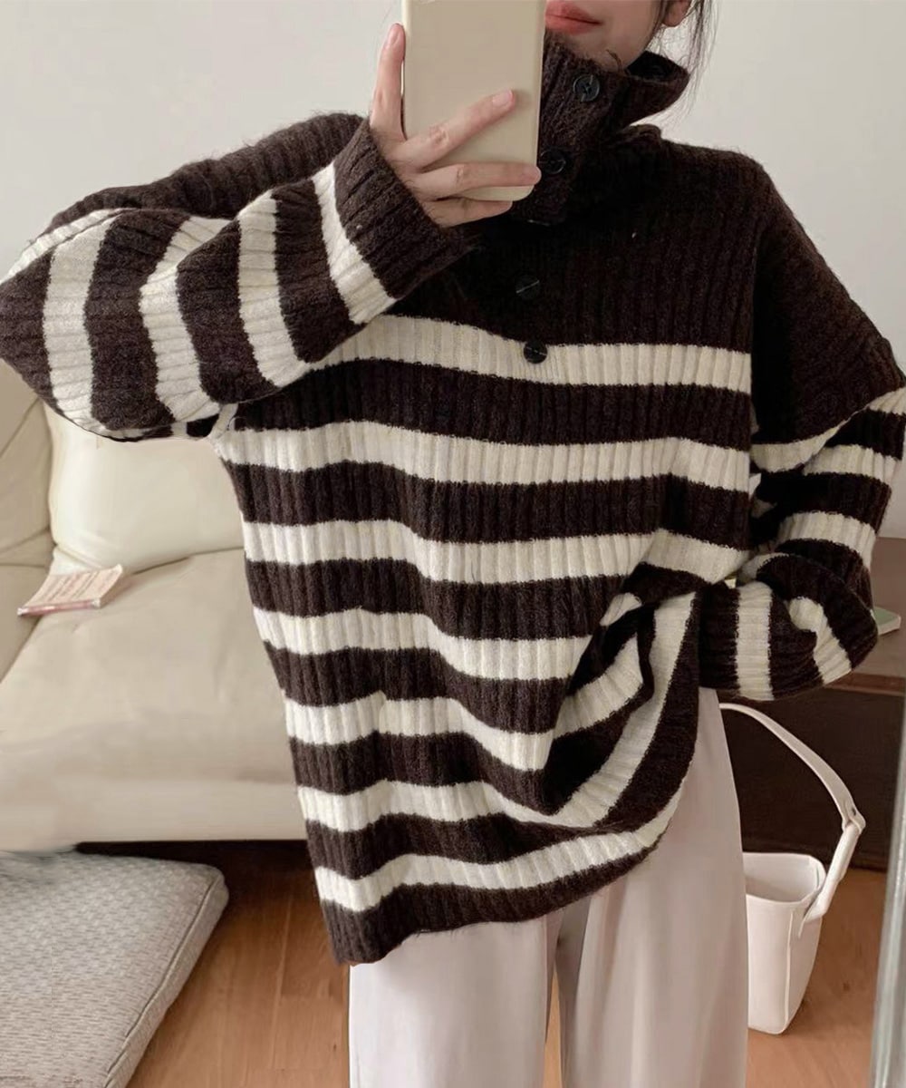 ボーダーニット 韓国 ハイネックトップス