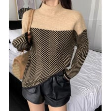 配色ニットトップス プチハイネック 秋冬