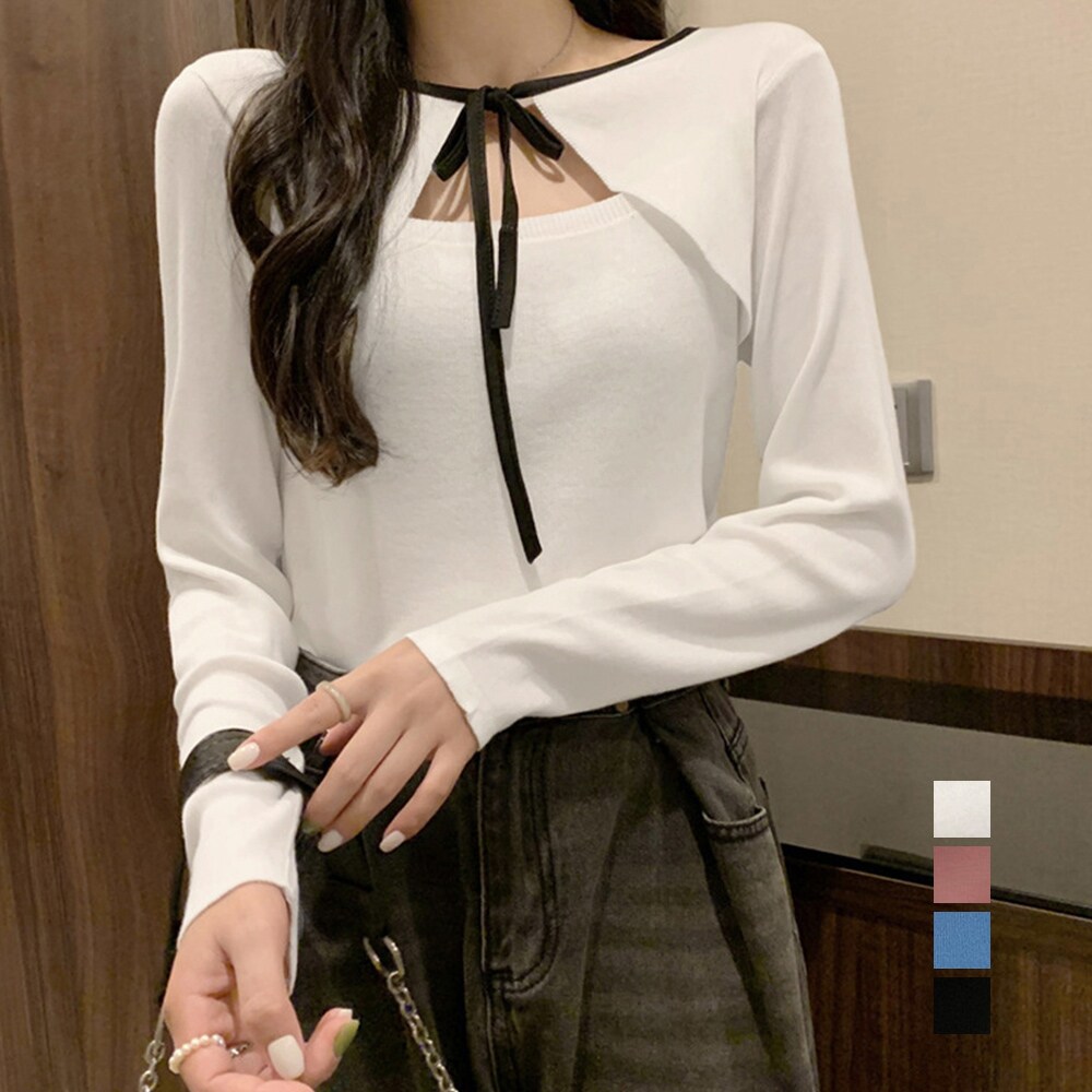 フロントオープンリボン ニットトップス | ミニミニストア