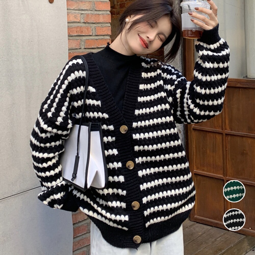 配色ボーダー柄ニットカーディガンVネック | ミニミニストア
