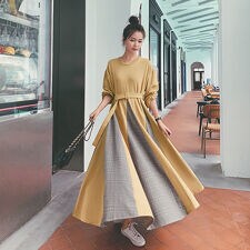 ロングワンピース 春 異素材フレアワンピ