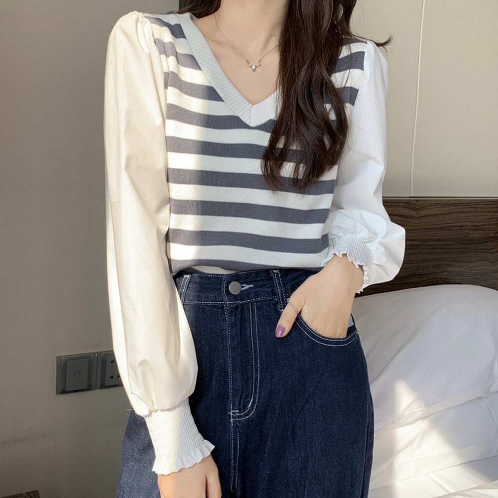 袖切り替えボーダーニットトップス