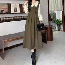 レイヤード風 ロングワンピース 長袖韓国