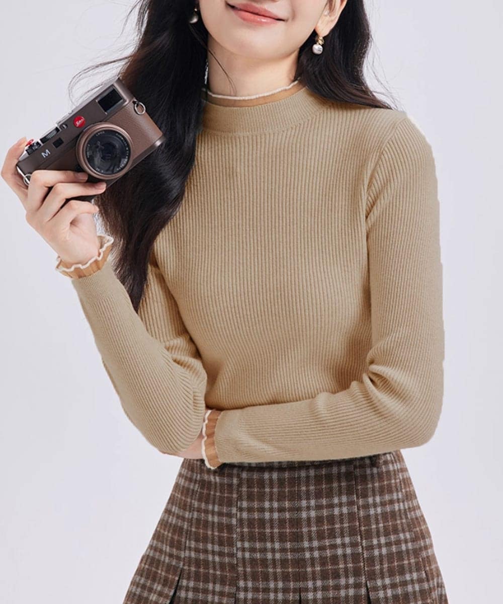 リブニットトップス きれいめ ハイネック