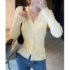 Vネック ボタンリブニット トップス