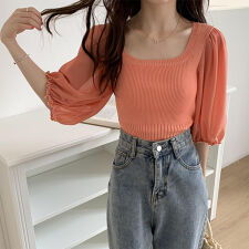 ニットトップス 袖切り替えサマーニット