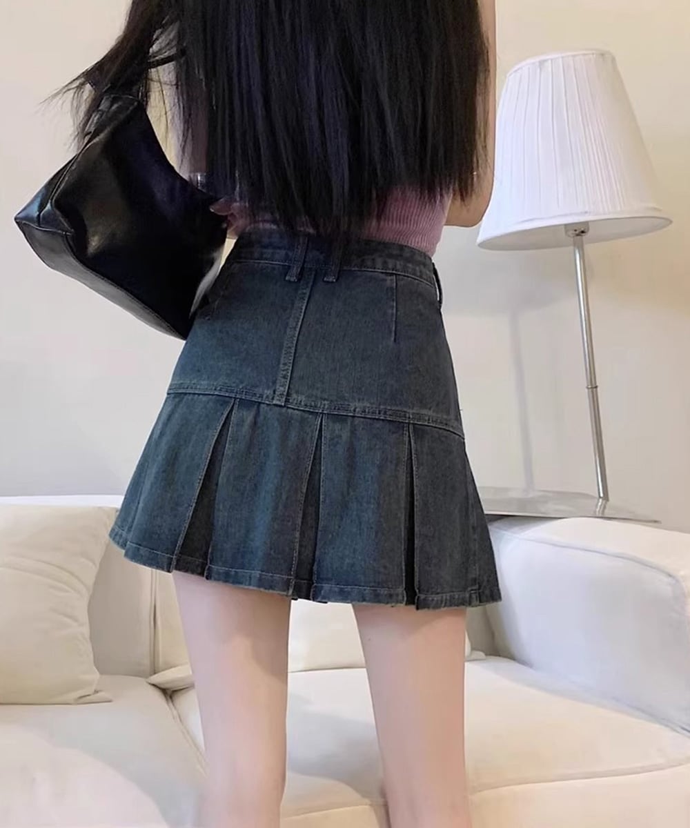 韓国風デニム♥バルーンデニムミニスカート/追跡有 大特価】ブルー ウォッシュ加工 バルーンスカート デニムミニ