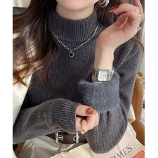 ニットトップス 裏起毛 ハイネック 厚手