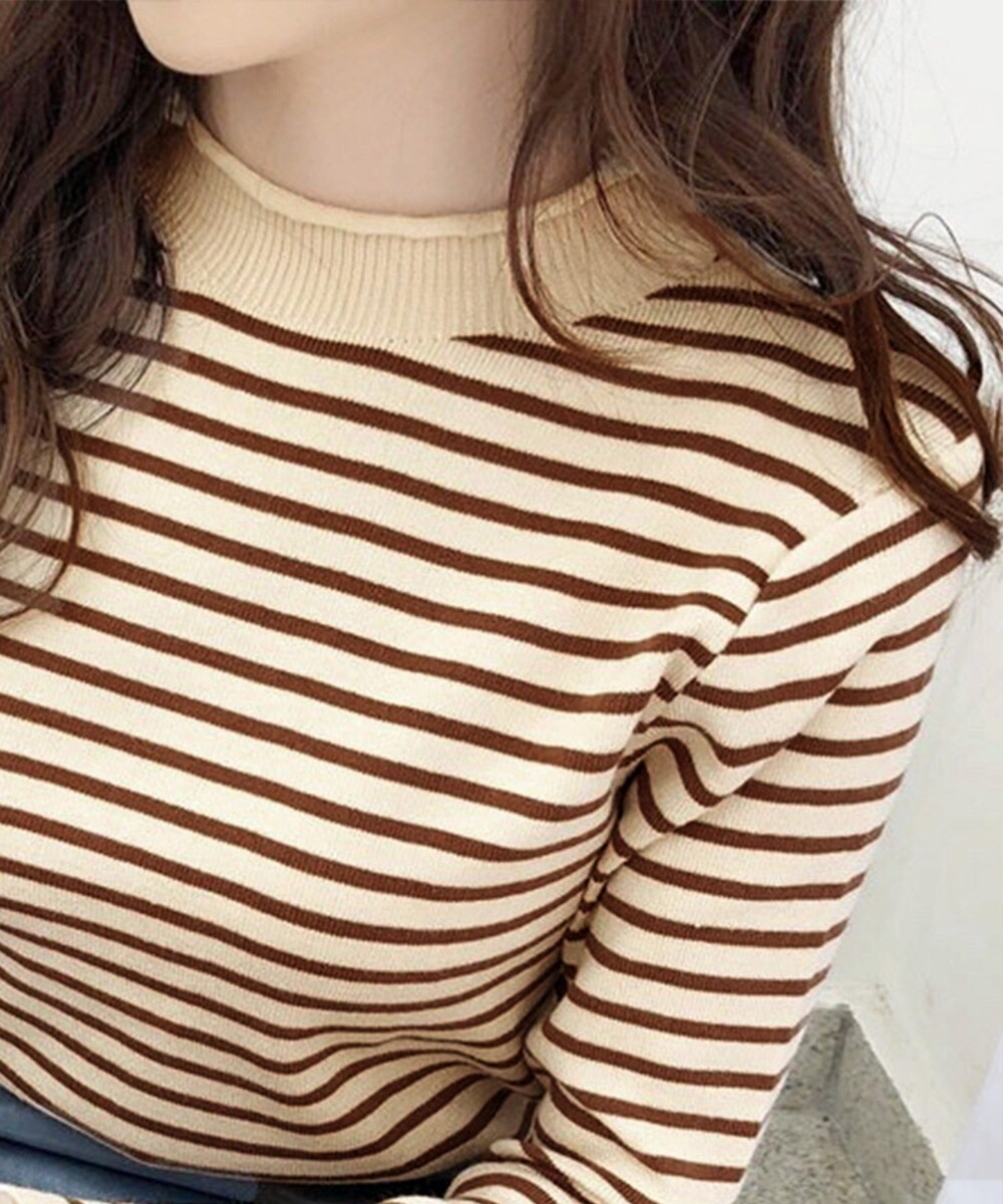 ボーダー柄ニットロールネックプルオーバー