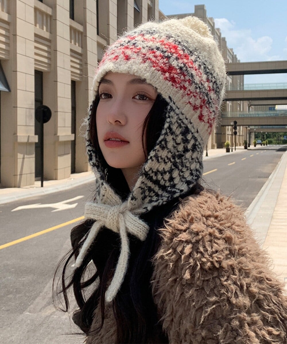 希少！！ALBAROSA 編み込みニット帽　グレー　正規品 ニット帽子 レディース 配色 紐付き | ミニミニストア
