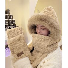 ニット帽子 マフラー手袋一体型ファー帽子