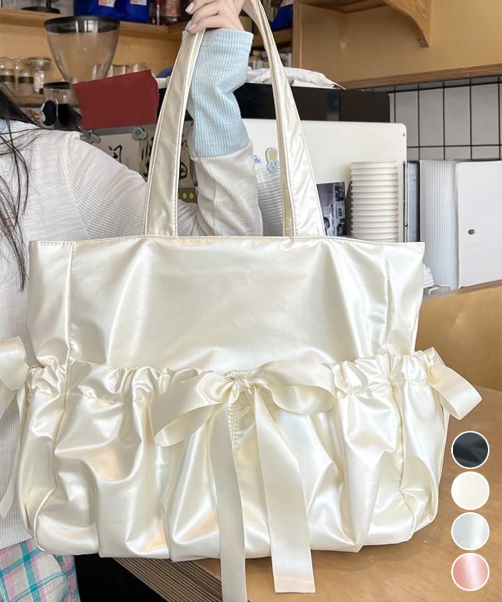 アイボリー リボン付きトートバッグ Maison de FLEUR トートバッグ EC限定キャンバスダブルリボン