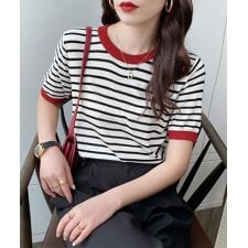 ボーダーニットトップス 半袖 レディース