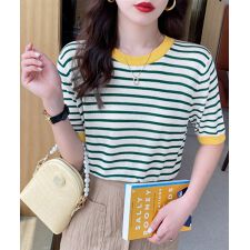ボーダーニットトップス 半袖 レディース