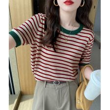 ボーダーニットトップス 半袖 レディース